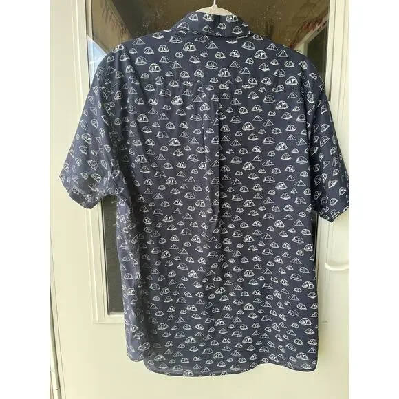 Eddie Bauer Shirt Mens XL Button Up Blue Short Sleeve Camp Tent All Over Print - Picture 7 of 8